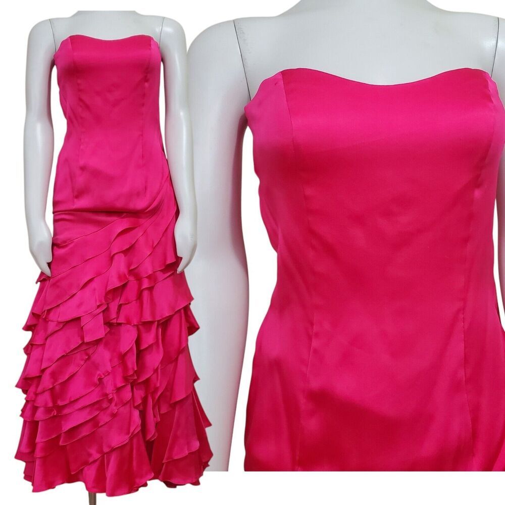 Stephen Yearick Strapless Gown HOT Pink Silk XS 2-4 Tiered Layered Skirt w/Tulle